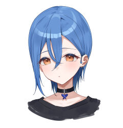Rule 34 | 1girl, black choker, blue hair, choker, commentary request, cropped shoulders, enpik, hair between eyes, highres, looking at viewer, love live!, love live! superstar!!, orange eyes, parted lips, short hair, single sidelock, solo, upper body, wakana shiki, white background