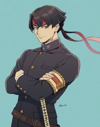 Rule 34 | 1boy, ace attorney, armband, belt, black eyes, black hair, black jacket, blue background, brown belt, buttons, closed mouth, commentary request, crossed arms, gakuran, headband, high collar, highres, jacket, katana, kazuma asogi, long sleeves, looking at viewer, male focus, red headband, school uniform, short hair, simple background, solo, sword, the great ace attorney, tuzuriya, upper body, weapon