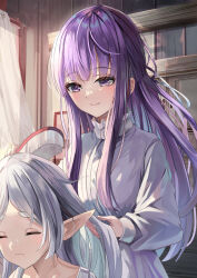 Rule 34 | 2girls, adjusting another&#039;s hair, blunt bangs, blurry, brushing hair, closed eyes, collarbone, comb, commentary request, depth of field, dress, elf, fern (sousou no frieren), frieren, highres, holding, holding comb, indoors, long hair, long sleeves, looking at another, multiple girls, pajamas, parted bangs, pointy ears, purple eyes, purple hair, sidelocks, sleepy, smile, sousou no frieren, suidou chaahan, thick eyebrows, wavy mouth, white dress, white hair, white pajamas