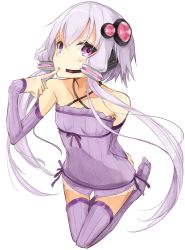Rule 34 | 1girl, collarbone, detached sleeves, finger to mouth, headphones, long hair, looking at viewer, microphone, miruto netsuki, parted lips, purple eyes, purple hair, purple thighhighs, short hair with long locks, sidelocks, simple background, solo, thighhighs, vocaloid, voiceroid, white background, yuzuki yukari
