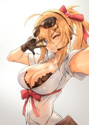 Rule 34 | 1girl, ;d, ahoge, armpit peek, arms up, black-framed eyewear, black bra, blonde hair, blue eyes, blush, bow, bra, breasts, brown gloves, cleavage, collared shirt, eyewear on head, girls&#039; frontline, gloves, gradient background, grin, hair between eyes, hair ornament, hair ribbon, hairclip, headset, highres, kalina (girls&#039; frontline), large breasts, long hair, looking at viewer, one eye closed, open mouth, outstretched arm, ponytail, pouch, rainmaker, reaching, reaching towards viewer, red bow, red ribbon, ribbon, selfie, shirt, smile, solo, sunglasses, teeth, underwear, upper body, v-shaped eyebrows, v over eye, white background, white shirt, wing collar, x hair ornament