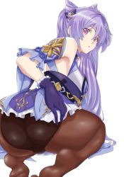 Rule 34 | 1girl, ass, bare shoulders, breasts, cameltoe, detached sleeves, dress, from behind, genshin impact, gloves, hair ornament, hairpin, highres, keqing (genshin impact), long hair, looking at viewer, looking back, open mouth, panties, panties under pantyhose, pantyhose, parted lips, purple dress, purple eyes, purple hair, shiny clothes, shiny skin, short dress, sideboob, skirt, solo, task baron, twintails, underwear, very long hair
