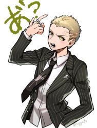 Rule 34 | 1boy, artist name, black jacket, black necktie, blonde hair, blush stickers, collared shirt, commentary request, cropped torso, danganronpa (series), danganronpa 2: goodbye despair, formal, freckles, hand in pocket, hand up, index finger raised, jacket, jewelry, kuzuryu fuyuhiko, long hair, long sleeves, looking at viewer, male focus, nagi to (kennkenn), necktie, open clothes, open jacket, open mouth, ring, shirt, short hair, simple background, solo, translation request, upper body, very short hair, white background, yellow eyes