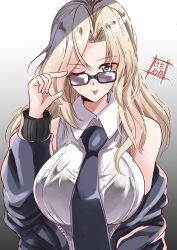 1girl, absurdres, artist logo, black jacket, black neckwear, blonde hair, bomber jacket, breasts, commentary request, dress shirt, gradient, gradient background, grey background, grey eyes, highres, holding, holding eyewear, hornet (kancolle), jacket, kantai collection, kentan (kingtaiki), large breasts, long hair, looking at viewer, looking over eyewear, necktie, shirt, sleeveless, sleeveless shirt, solo, sunglasses, tongue, tongue out, upper body, white background, white shirt