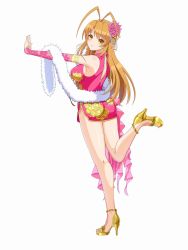 Rule 34 | 1girl, antenna hair, arm behind head, bare legs, bridal gauntlets, china dress, chinese clothes, cle masahiro, dress, feet, floral print, flower, full body, hair flower, hair ornament, hibiki haruko, high heels, highres, leg lift, long hair, looking at viewer, official art, orange hair, pumps, sandals, shoes, side slit, simple background, solo, stiletto heels, toeless footwear, toes, valkyrie drive, valkyrie drive -siren-, yellow eyes