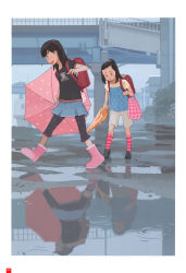 2girls :o backpack bag black_eyes boots brown_hair flat_chest highres long_hair multiple_girls open_mouth original plaid_bag ponytail puddle randoseru shorts skirt takamichi umbrella