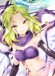 Rule 34 | 1girl, ahoge, angel wings, azriel (no game no life), breasts, cleavage, cross, feathered wings, gloves, green eyes, green hair, halo, highres, ikasoke (likerm6au), low wings, magic circle, medium breasts, midriff, navel, no game no life, short hair, smile, solo, symbol-shaped pupils, tattoo, white wings, wing ears, wings