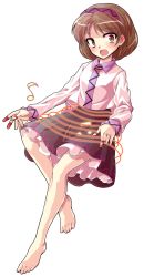 Rule 34 | 1girl, alphes (style), barefoot, blush, brown eyes, brown hair, dairi, full body, hairband, instrument, koto (instrument), long sleeves, looking at viewer, musical note, open mouth, parody, shirt, skirt, solo, staff (music), style parody, touhou, transparent background, tsukumo yatsuhashi, wide-eyed
