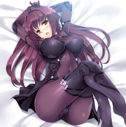 Rule 34 | 1girl, :o, arms up, ass, bed sheet, blush, bodysuit, breasts, covered erect nipples, covered navel, eyebrows, fate/grand order, fate (series), from above, large breasts, legs up, long hair, looking at viewer, looking up, lying, mizuhara yuu, on back, open mouth, purple bodysuit, purple hair, raised eyebrows, red eyes, scathach (fate), scathach (fate), shoulder pads, skin tight, solo, straight hair, very long hair