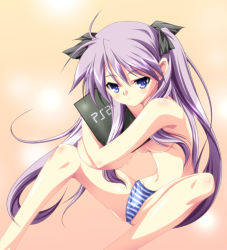 Rule 34 | 00s, 1girl, blue eyes, breasts, game console, hiiragi kagami, ka2, long hair, lucky star, navel, panties, playstation 2, purple hair, sitting, small breasts, solo, striped clothes, striped panties, topless, twintails, underboob, underwear