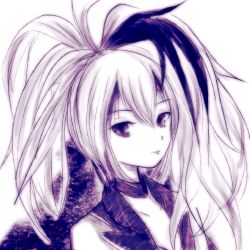 Rule 34 | 1girl, collar, commentary, expressionless, flower (vocaloid), flower (vocaloid3), highres, jacket, kiyo ton ton, long hair, looking at viewer, monochrome, multicolored hair, ponytail, portrait, purple eyes, purple hair, sleeveless, sleeveless jacket, solo, streaked hair, vocaloid, white hair