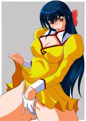 Rule 34 | 1girl, agent aika, aika (series), artist request, blue hair, blush, bow, breasts, brown eyes, cleavage, cleavage cutout, closed mouth, clothed masturbation, clothes lift, clothing cutout, crotch, delmo, dress, eyebrows, female focus, female masturbation, fingering, fingering through clothes, fingering through panties, golden delmo, hair bow, hair ornament, hair ribbon, hand in panties, hand under clothes, highres, large breasts, latex, legs, long hair, masturbation, masturbation through clothes, miniskirt, open mouth, panties, pantyshot, pink ribbon, ribbon, rie petoriyacowa, short dress, simple background, skin tight, skirt, skirt lift, solo, thighs, thong, through clothes, underwear, uniform, upskirt, very long hair, white panties