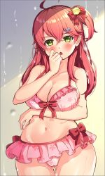 Rule 34 | 1girl, ahoge, alternate costume, arm under breasts, bare shoulders, bell, bikini, blush, breasts, cherry blossom print, chestnut mouth, cleavage, floral print, gluteal fold, green eyes, groin, hair bell, hair ornament, hairclip, highres, hololive, long hair, looking at viewer, nanamira bi, navel, open mouth, pink bikini, pink hair, sakura miko, sakura miko (hololive summer 2019), solo, swimsuit, virtual youtuber, wet lens