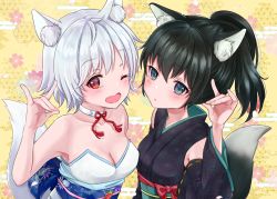 Rule 34 | 2girls, ;d, absurdres, animal ear fluff, animal ears, bare shoulders, black hair, black kimono, black sleeves, blue eyes, blush, breasts, character request, detached sleeves, fang, fox ears, fox tail, genderswap, genderswap (mtf), gintama, highres, japanese clothes, kimono, kuroneko w1nter, long hair, long sleeves, looking at viewer, medium breasts, multiple girls, obi, one eye closed, open mouth, parted lips, print kimono, print sleeves, red eyes, ribbon-trimmed sleeves, ribbon trim, sash, short hair, silver hair, sleeveless, sleeveless kimono, small breasts, smile, standing, strapless, tail, upper body, white kimono, yellow background