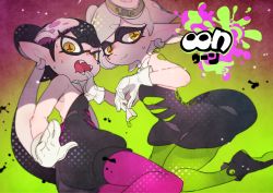 Rule 34 | + +, 2girls, :3, ass, bare shoulders, black dress, black footwear, black hair, black jumpsuit, blush, breasts, callie (splatoon), closed mouth, copyright name, detached collar, domino mask, dress, drooling, earrings, embarrassed, fangs, female focus, finger in another&#039;s mouth, from behind, from side, gloves, gradient background, green background, green legwear, grey hair, half-closed eyes, halftone, hand up, hands up, idkuroi, inkling, japanese text, jewelry, jumpsuit, kneeling, long hair, looking back, looking down, lying, marie (splatoon), mask, mole, mole under eye, multiple girls, nervous, nintendo, object on head, on side, open mouth, pantyhose, pink legwear, pointy ears, shoes, short hair, short jumpsuit, siblings, simple background, sisters, small breasts, splatoon (series), splatoon 1, strapless, strapless dress, sweat, tentacle hair, tentacles, twintails, white gloves, yellow eyes