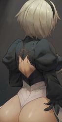 Rule 34 | 1girl, 2b (nier:automata), absurdres, alterlesott, android, ass, back, backless outfit, black hairband, cropped, feathers, gloves, grey background, grey hair, hairband, heattech leotard, highleg, highleg leotard, highres, huge ass, leotard, looking away, nier, nier:automata, nier (series), preview, robot, robot girl, short hair, turtleneck, unfinished, white gloves, white hair, white leotard