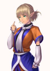 Rule 34 | 1girl, arm at side, arm warmers, blonde hair, breasts, fang, green eyes, hoshara, lips, middle finger, mizuhashi parsee, parted lips, pink background, pointy ears, scarf, short hair, short sleeves, solo, touhou, upper body