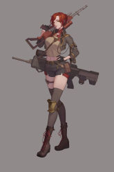 Rule 34 | 1girl, belt, black footwear, black gloves, black shorts, boots, brown eyes, brown hair, cross-laced footwear, full body, gloves, grey background, gun, hand on own hip, highres, holding, holding gun, holding weapon, knee guards, navel, over shoulder, pouch, shorts, simple background, solo, thigh strap, thighhighs, tudou td, weapon