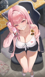 1girl bare_shoulders black_shorts blanc_(blanc97) blush breasts camisole can chair cleavage gaming_chair highres holding holding_can honey_churros indie_virtual_youtuber indoors large_breasts long_sleeves looking_at_viewer off_shoulder pink_eyes pink_hair shirt short_shorts shorts sitting sleeveless sleeveless_shirt smile solo swivel_chair teeth virtual_youtuber white_camisole white_shirt