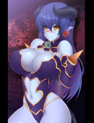 Rule 34 | 1girl, armor, arms behind back, astaroth (shinrabanshou), bad id, bad pixiv id, bare shoulders, black leotard, blue hair, blue skin, blush, borgias, breasts, bridal gauntlets, center opening, cleavage, closed mouth, clothing cutout, colored skin, covered erect nipples, cowboy shot, curvy, demon girl, demon horns, detached collar, earrings, elbow gloves, embarrassed, eyebrows, from side, gloves, groin, hair between eyes, heart, heart earrings, highleg, highleg leotard, hip focus, horns, jewelry, large breasts, leotard, long hair, looking at viewer, midriff, narrow waist, navel, navel cutout, no wings, nose blush, pauldrons, pillarboxed, pointy ears, shadow, shinrabanshou, shiny skin, shoulder armor, solo, spikes, straight hair, strapless, strapless leotard, sweatdrop, tail, thighhighs, thighs, turtleneck, very long hair, wavy mouth, yellow eyes