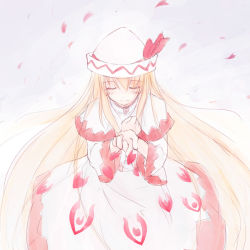 Rule 34 | 1girl, artist request, blonde hair, blush, capelet, closed eyes, danmaku, dress, female focus, hand on own chest, hat, hat ribbon, light smile, lily white, long hair, outstretched hand, petals, ribbon, solo, touhou, very long hair