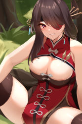 Rule 34 | 1girl, beidou (genshin impact), black thighhighs, blush, breasts, brown hair, china dress, chinese clothes, cleavage, cleavage cutout, clothing cutout, colored eyepatch, dress, earrings, eyepatch, fur collar, genshin impact, grin, hair ornament, hair over one eye, hairpin, half updo, haneramu, highres, jewelry, large breasts, long hair, looking at viewer, pelvic curtain, red dress, red eyes, smile, solo, thighhighs, thighs