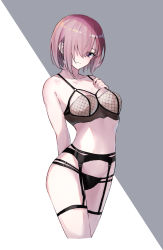 Rule 34 | 1girl, absurdres, alternate costume, arm behind back, bare shoulders, black panties, breasts, cleavage, collarbone, commentary request, cowboy shot, fate/grand order, fate (series), garter belt, grey background, hair over one eye, hand on own chest, highres, lingerie, looking at viewer, m.tokotsu, mash kyrielight, panties, purple eyes, short hair, skindentation, solo, thigh strap, underwear, underwear only, white background
