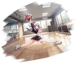 Rule 34 | 1girl, arm up, armpit cutout, armpits, arms up, artist request, ass, azur lane, bare legs, black shirt, black skirt, blush, breasts, ceiling light, cheerleader, clothing cutout, crop top, day, from side, full body, grey hair, hair between eyes, hair ribbon, highres, holding, holding pom poms, indoors, large breasts, long hair, looking at viewer, midriff, miniskirt, multicolored hair, official alternate costume, official art, open mouth, parted lips, pleated skirt, pom pom (cheerleading), pom poms, ponytail, red eyes, red ribbon, ribbon, shirt, shoes, skirt, smile, sneakers, solo, sportswear, streaked hair, sunlight, thighs, two-tone skirt, u-410 (azur lane), u-410 (practice makes perfect) (azur lane), white footwear, white hair, window, wooden floor