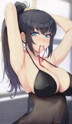 Rule 34 | 1girl, absurdres, armpits, arms up, black hair, blue eyes, blush, breasts, cleavage, collarbone, commentary request, covered navel, hair tie in mouth, high ponytail, highres, indoors, large breasts, long hair, looking at viewer, mole, mole on breast, mouth hold, navel, original, parted lips, revision, see-through, skindentation, solar (happymonk), solo, sweat, tying hair, underwear, upper body