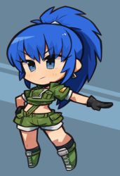 1girl black_gloves blue_eyes blue_hair chibi earrings full_body gloves ibara. jewelry leona_heidern long_hair midriff ponytail shorts snk solo standing the_king_of_fighters