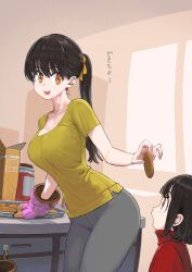 Rule 34 | 2girls, big sister (navigavi), black hair, blush, breasts, cleavage, collarbone, commentary, cookie, cowboy shot, food, grey pants, hair ribbon, highres, holding, holding cookie, holding food, indoors, jam, jar, jun (navigavi), kitchen, little sister (navigavi), long hair, looking at another, looking to the side, medium breasts, multiple girls, open mouth, orange eyes, orange ribbon, original, oven mitts, pants, ponytail, red sweater, ribbed sweater, ribbon, shirt, short hair, short sleeves, siblings, sisters, smile, sparkling eyes, standing, sweater, tight clothes, tight pants, translated, tray, turtleneck, turtleneck sweater, yellow shirt