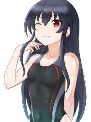 Rule 34 | 1girl, black hair, blush, breasts, cleavage, competition swimsuit, covered navel, hair between eyes, hair ribbon, happy, highres, long hair, looking at viewer, neptune (series), one-piece swimsuit, one eye closed, paid reward available, red eyes, ribbon, sidelocks, simple background, small breasts, smile, solo, swimsuit, uni (neptunia), wet, wet clothes, wet swimsuit, white background, zatsu