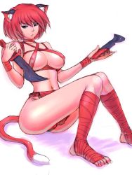 Rule 34 | 1girl, across breasts, animal ears, bandages, bandages on legs, belt top, blue eyes, breasts, cat ears, cat tail, cleavage, cloth strap, covered erect nipples, criss-criss top, criss cross top, dual wielding, fumio (rsqkr), fundoshi, holding, japanese clothes, knife, large breasts, loincloth, looking at viewer, red hair, short hair, simple background, sitting, sketch, solo, swathe, tail, weapon, white background