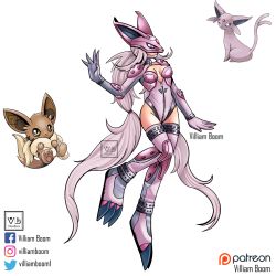 Rule 34 | 1girl, :3, artist name, claws, commentary, creatures (company), digimon, eevee, english commentary, espeon, full body, game freak, gen 1 pokemon, gen 2 pokemon, grey eyes, highres, leotard, long hair, mask, nintendo, parody, pink hair, pink leotard, pink thighhighs, pokemon, reference inset, solo, style parody, tail, thighhighs, very long hair, villiam boom, white background, yellow eyes
