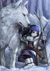 Rule 34 | 10s, 1girl, 1other, ainu, ainu clothes, asirpa, bandana, bare tree, black hair, blue eyes, boots, bow (weapon), branch, cape, dagger, earrings, fingerless gloves, full body, fur boots, fur cape, gloves, golden kamuy, hoop earrings, jewelry, kneeling, knife, long hair, long sleeves, mitsuya, on one knee, retar, scabbard, sheath, sheathed, signature, snow, tree, weapon, wolf