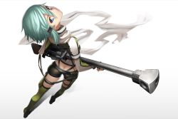 Rule 34 | 10s, 1girl, anti-materiel rifle, aqua eyes, aqua hair, ass, blue eyes, bolt action, butt crack, carrying, colored eyelashes, duplicate, fingerless gloves, foreshortening, from above, from behind, full body, gloves, gradient background, gun, hair ornament, hairclip, long sleeves, looking at viewer, looking back, pgm hecate ii, rifle, scarf, shadow, short hair, short shorts, shorts, sinon, sniper rifle, solo, sword art online, tef, weapon
