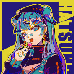 Rule 34 | 1girl, bandaid, bandaid on face, bandaid on nose, black hat, black jacket, blue background, blue eyes, blue hair, cabbie hat, candy, character name, commentary, earrings, eyebrows hidden by hair, food, hair ornament, hairclip, hand up, hat, hatsune miku, heart, heart hair ornament, hiro chikyuujin, holding, holding candy, holding food, holding lollipop, jacket, jewelry, lollipop, long hair, long sleeves, looking at viewer, open mouth, puffy long sleeves, puffy sleeves, solo, star (symbol), text background, tongue, tongue out, twintails, two-tone background, upper body, vocaloid, x hair ornament, yellow background