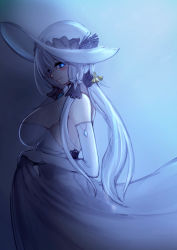 Rule 34 | 1girl, absurdres, azur lane, backless dress, backless outfit, bare shoulders, black ribbon, blue eyes, blue gemstone, breasts, cero421, dress, elbow gloves, from side, gem, gloves, hair ribbon, highres, illustrious (azur lane), large breasts, looking at viewer, night, ribbon, sagging breasts, simple background, skirt hold, sleeveless, sleeveless dress, smile, solo, strapless, strapless dress, tress ribbon, tri tails, white dress, white gloves, white headwear