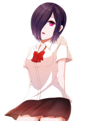 Rule 34 | 1girl, alternate eye color, alternate hair color, arms behind back, bare arms, black skirt, bow, breasts, commentary request, cowboy shot, from below, hair over one eye, kirishima touka, kotomiracle, looking at viewer, one eye covered, pink eyes, purple hair, red bow, red neckwear, school uniform, short hair, short sleeves, simple background, skirt, small breasts, solo, standing, tokyo ghoul, tongue, tongue out, white background