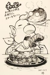 Rule 34 | 1boy, alien, alternate costume, big nose, blush stickers, bulborb, closed eyes, commentary request, dated, eating, fang, fork, greyscale, highres, holding, holding fork, holding knife, ink (medium), knife, leaf, long sleeves, louie (pikmin), male focus, monochrome, neckerchief, nintendo, no pupils, open mouth, pikmin (series), plate, pointy ears, polka dot, shirt, short hair, signature, stake, steam, table, teeth, tongue, traditional media, translation request, upper body, upper teeth only, very short hair, yamato koara
