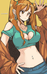 Rule 34 | 1girl, alternate costume, alternate hairstyle, aosora2823, artist name, bare shoulders, blue pants, breasts, cleavage, cleavage cutout, closed mouth, clothing cutout, collarbone, commentary, crop top, ear piercing, earrings, gyaru, hand on own hip, hand up, heart cutout, highres, jacket, jewelry, large breasts, light blush, long hair, long sleeves, midriff, nami (one piece), navel, navel piercing, one piece, open hand, orange eyes, orange hair, orange jacket, pants, piercing, shoulder cutout, shoulder tattoo, solo, tattoo, twintails, upper body, wide sleeves, yellow background