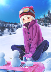 Rule 34 | 1girl, aiuabo, albino, bare tree, beanie, black pants, blush, butterfly sitting, coat, commentary request, day, feet together, gloves, goggles, goggles on head, hands on feet, hat, highres, knees apart feet together, on ground, original, outdoors, pants, petite, pine tree, purple coat, purple gloves, red eyes, red hat, shoes, sitting, smile, snow, snowboard, snowman, solo, translation request, tree, white hair, winter, winter clothes