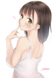 Rule 34 | 1girl, absurdres, artist name, bare arms, bare shoulders, blush, breasts, brown eyes, brown hair, camisole, closed mouth, finger to cheek, from behind, heart, highres, long hair, looking at viewer, looking back, medium breasts, na arva, signature, simple background, smile, solo, upper body, white background