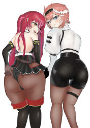 Rule 34 | 2girls, absurdres, artist request, ass, bare shoulders, blue eyes, blush, boots, breasts, elbow gloves, from behind, gloves, hairband, head wings, heterochromia, highres, hololive, houshou marine, huge ass, long hair, looking at viewer, looking back, multicolored hair, multiple girls, naughty face, pantyhose, pantyhose under shorts, pink hair, red eyes, red hair, shiny clothes, shiny skin, short hair, short shorts, shorts, sideboob, skirt, smile, streaked hair, takane lui, thick thighs, thigh boots, thigh strap, thighs, thong, two-tone hair, very long hair, virtual youtuber, wings, yellow eyes
