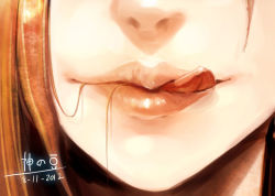 Rule 34 | 1girl, beancurd, close-up, dated, hair in own mouth, katarina (league of legends), league of legends, licking lips, light smile, lips, long hair, nose, only mouth, red hair, scar, smile, solo, tongue, tongue out