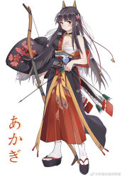 1girl akagi_(warship_girls_r) arrow_(projectile) black_hair black_kimono bow_(weapon) breasts brown_eyes chichengde_haotidu_afusang cleavage floral_print flower full_body geta hadanugi_dousa hair_flower hair_ornament hair_ribbon hakama highres holding holding_bow_(weapon) holding_weapon japanese_clothes kimono long_hair looking_at_viewer obi open_clothes open_kimono ribbon sandals sarashi sash simple_background socks solo standing tabi very_long_hair warship_girls_r weapon white_background wide_sleeves