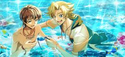 Rule 34 | 2boys, angelfish, artist request, blonde hair, blue-framed eyewear, blue-tinted eyewear, blue background, blue eyes, bracelet, brown hair, clownfish, code geass, code geass: lost stories, collarbone, drawstring, fish, game cg, gino weinberg, green eyes, green shirt, half-closed eyes, hand on another&#039;s shoulder, hand up, happy, highres, holding, holding removed eyewear, hood, hood down, hooded shirt, jewelry, kururugi suzaku, male focus, multiple boys, multiple necklaces, navel, necklace, non-web source, ocean, official art, open clothes, open mouth, open shirt, partially submerged, quad braids, raised eyebrows, ring, ring necklace, shirt, short hair, short sleeves, sidelocks, smile, sparkle, star (symbol), sunglasses, teeth, tinted eyewear, topless male, two-tone shirt, unworn eyewear, upper body, water, wet