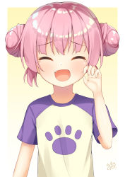 Rule 34 | 10s, 1girl, :d, ^ ^, artist name, closed eyes, comic girls, commentary request, double bun, facing viewer, fang, gradient background, hair bun, hand up, moeta kaoruko, open mouth, pink hair, raglan sleeves, shirt, short hair, simple background, smile, solo, t-shirt, tears, upper body, win opz, yellow background