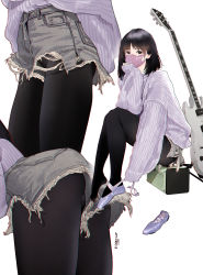 Rule 34 | 1girl, absurdres, artist name, black eyes, black hair, black pantyhose, chinese commentary, commentary request, electric guitar, grey shorts, guitar, hand on own face, highres, hitomi o, instrument, leaning forward, pantyhose under shorts, long sleeves, mask, mouth mask, multiple views, original, pantyhose, puffy long sleeves, puffy sleeves, purple footwear, purple sweater, shoes, short hair, shorts, simple background, single shoe, sitting, sleeves past wrists, sweater, torn clothes, torn shorts, upshorts, white background