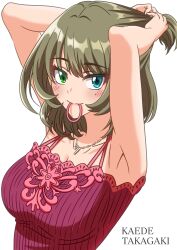 Rule 34 | 1girl, absurdres, armpits, arms up, blush, breasts, character name, cleavage, fukkubaske, green hair, hair tie in mouth, heterochromia, highres, idolmaster, idolmaster cinderella girls, looking at viewer, medium breasts, mole, mole under eye, mouth hold, red shirt, ribbed shirt, shirt, simple background, sleeveless, sleeveless shirt, smile, solo, takagaki kaede, tying hair, upper body, white background